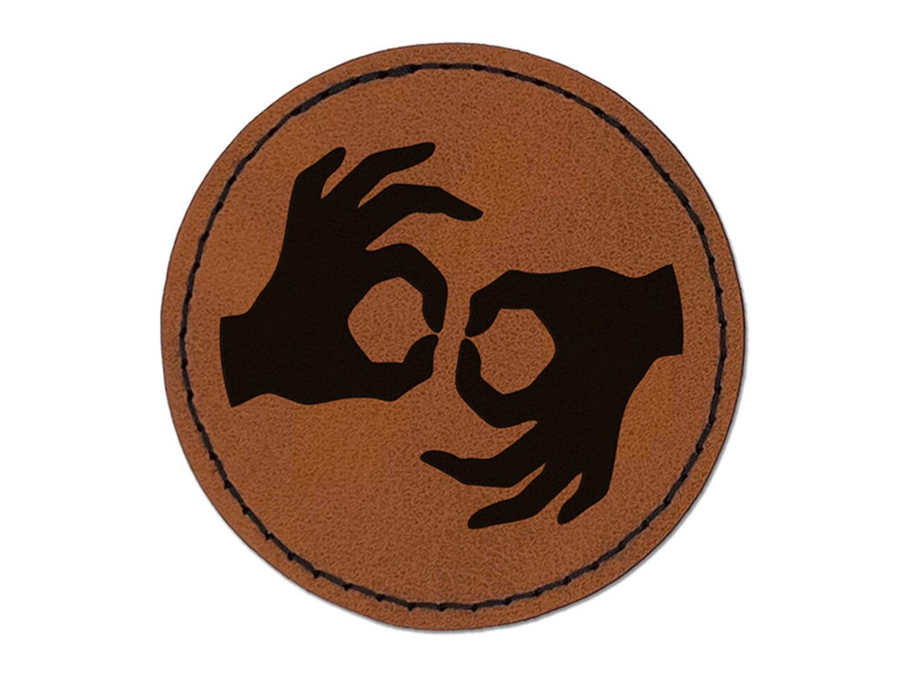 Sign Language Interpreters Symbol Deaf Hearing Impaired Round Iron-On Engraved Faux Leather Patch Applique - 2.5"